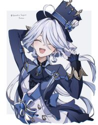  1girl ahoge ascot black_ascot blue_coat blue_hair blue_sash brooch closed_eyes coat commentary_request cropped_torso facing_viewer furina_(genshin_impact) genshin_impact gloves grey_background grey_hair highres jewelry long_hair multicolored_hair open_mouth sash simple_background smile solo streaked_hair tailcoat teeth upper_teeth_only vest white_background white_gloves white_vest yanagida_shiina 