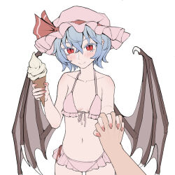  1boy 1girl bat_wings bikini bikini_skirt blue_hair breasts fang fingernails food frilled_bikini frills hair_between_eyes hand_grab hat hat_ribbon highres holding holding_food holding_ice_cream holding_ice_cream_cone ice_cream ice_cream_cone light_blush long_fingernails looking_at_viewer mob_cap navel pink_bikini pink_hat pov pov_hands red_eyes red_nails red_ribbon remilia_scarlet ribbon short_hair side-tie_bikini_bottom simple_background small_breasts smile solo_focus swimsuit touhou white_background wings youpofen 