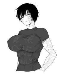 1girl absurdres black_shirt breasts clothes_writing hand_on_own_hip highres jujutsu_kaisen large_breasts looking_at_viewer monochrome one_eye_closed scar shirt short_hair short_sleeves solo soooo_u spoilers white_background zen&#039;in_maki rating:Sensitive score:43 user:JustHere4Butts