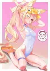  1boy 1girl absurdres animal_ear_fluff animal_ears arms_behind_head arms_up bare_legs bare_shoulders blonde_hair blue_archive breasts chishima_rizeru covered_navel cross_halo diamond_cutout doodle_sensei_(blue_archive) extra_ears eyes_visible_through_hair feet fox_ears fox_girl fox_tail half-closed_eyes halo highleg highleg_one-piece_swimsuit highres inset loli long_hair looking_at_viewer official_alternate_costume official_alternate_hairstyle one-piece_swimsuit open-toe_shoes open_mouth orange_eyes pink_background seia_(blue_archive) seia_(swimsuit)_(blue_archive) sensei_(blue_archive) shoes side_ponytail sideboob sitting small_breasts swimsuit tail thigh_strap thighs thumbs_up very_long_hair visor_cap wariza white_one-piece_swimsuit yellow_halo yellow_shoes yellow_visor 