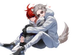  2boys absurdres ahoge animal_ears aotsuki_eito black_hair black_jacket black_shoes blue_eyes closed_eyes commentary dog_boy dog_ears dog_tail fug_uai full_body grey_hair heart highres hood hoodie hug hug_from_behind hugging_own_legs jacket knees_up looking_at_viewer male_focus multicolored_hair multiple_boys open_mouth pants parted_bangs shoes short_hair simple_background sitting sketch smile spoilers streaked_hair sumino_takumi sunglasses tail teeth the_hundred_line_-last_defense_academy- unfinished upper_teeth_only white_background white_hoodie white_pants yaoi 