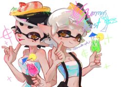  2girls artist_name bare_shoulders black_hair breasts callie_(splatoon) callie_(summer_nights)_(splatoon) cleavage commentary cousins cup drink drinking_glass drinking_straw earrings english_commentary english_text food food_on_head highres hijiki_splatoon holding holding_cup inkling jewelry marie_(splatoon) marie_(summer_nights)_(splatoon) mole mole_under_mouth multiple_girls navel nintendo object_on_head official_alternate_costume one_eye_closed short_eyebrows sparkle splatoon_(series) splatoon_3 standing strapless suspenders thick_eyebrows tongue tongue_out tube_top twitter_username white_hair yellow_eyes 