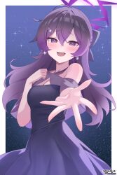  1girl absurdres black_bow blue_archive bow breasts cleavage commentary dandan_(uaee4742) dated dress earrings hair_bow halo haruka_(blue_archive) haruka_(dress)_(blue_archive) highres jewelry long_hair medium_breasts official_alternate_costume open_mouth purple_dress purple_eyes purple_hair purple_halo smile tears twitter_username 