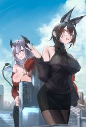  2girls :d absurdres ahoge animal_ears black_hair black_nails black_pants black_pantyhose black_skirt black_sweater blush breasts building city cleavage cloud collarbone commentary commission cowboy_shot cropped_sweater demon_girl demon_horns demon_tail douibotan english_commentary giant giantess glass grey_hair hair_between_eyes highres horns jewelry large_breasts long_hair long_sleeves multicolored_hair multiple_girls nail_polish necklace off-shoulder_sweater off_shoulder open_mouth original pants pantyhose pencil_skirt purple_eyes red_hair ring round_eyewear second-party_source skirt sky skyscraper sleeveless sleeveless_turtleneck smile standing sweater tail teeth turtleneck two-tone_hair upper_teeth_only 