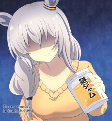  1girl absurdres akiko_jam artist_name bad_food blue_background breasts cleavage collarbone commentary_request ear_ornament eyes_in_shadow gradient_background grey_hair hair_over_shoulder highres holding holding_jar horse_girl jam jar kanon long_hair minaguchi_yuuko minase_akiko oguri_cap&#039;s_mother_(umamusume) solo sweater translation_request umamusume umamusume:_cinderella_gray usuba_kagerou_(shougyouchu) voice_actor_connection yellow_sweater 