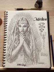  1girl art_tools_in_frame artist_name character_name colin_alex35207 crown dated graphite_(medium) greek_mythology hands_on_own_neck highres long_hair medea_(mythology) monochrome oera_linda photo_(medium) robe short_sleeves sketch solo sword traditional_media weapon 