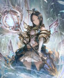  1girl angel_wings black_eyes black_hair blue_dress blue_hat boots breasts bridal_gauntlets dress elana_(shadowverse) feathered_wings gorilla_(mushimushiland) hat holding holding_staff indoors knee_boots long_hair looking_at_viewer magic medium_breasts midriff_peek miniskirt official_art parted_bangs pleated_skirt shadowverse skirt solo staff standing thick_thighs thighs two-tone_dress white_skirt white_wings wings 