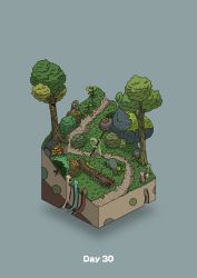 animal blue_background boulder bush commentary_request diorama gozz highres holding holding_stick isometric log moss original stick tree walking rating:General score:0 user:danbooru