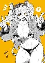  ! 1girl \n/ absurdres alternate_costume backpack bag bikini bikini_under_clothes blush breasts burnice_white cleavage commentary cowboy_shot eyewear_on_head finger_gun flame_print greyscale_with_colored_background hair_ornament highres jacket large_breasts looking_at_viewer medium_hair navel notice_lines open_clothes open_jacket open_mouth orange_background orange_eyes simple_background smile solo spoken_exclamation_mark spot_color standing swimsuit twintails wet yotsumi_shiro zenless_zone_zero 
