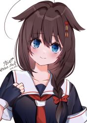  1girl 9610_(kuroto) ahoge black_serafuku blue_eyes blush braid brown_hair fingerless_gloves gloves hair_flaps hair_ornament hair_over_shoulder highres kantai_collection long_hair looking_at_viewer neckerchief red_neckerchief school_uniform serafuku shigure_(kancolle) shigure_kai_ni_(kancolle) single_braid smile solo 