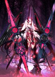  1girl ahoge animal_feet animal_hands black_hair black_horns black_panties black_skin black_tail black_wings breast_curtain breasts choco_(chocolate_shop) claws colored_extremities colored_skin demon_tail dragon_girl dragon_wings fate/grand_order fate_(series) floating_hair full_body game_cg gluteal_fold gradient_hair horns huge_horns huge_weapon large_variant_set legs_apart long_breast_curtain long_hair looking_at_viewer lowleg lowleg_panties melusine_(fate) melusine_(red_hot_deviation)_(fate) multicolored_hair official_art outstretched_arms outstretched_hand panties parted_lips red_theme revealing_clothes sideless_outfit sidelocks small_breasts solo standing tail third-party_source underboob underwear variant_set very_long_hair weapon white_hair wings yellow_eyes 