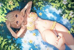  1girl absurdres barefoot bikini blonde_hair blue_eyes breasts cloud flower highres kohanai_momiji large_breasts liver_city medium_hair navel nijihashi_sora petals reflection sky solo swimsuit twintails water  rating:Sensitive score:10 user:DrFumiya