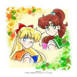  1girl 2girls aino_minako bishoujo_senshi_sailor_moon blonde_hair blue_eyes brown_hair choker circlet elbow_gloves gloves green_choker green_eyes green_sailor_collar hair_bobbles hair_ornament highres kino_makoto long_hair looking_back multiple_girls orange_choker orange_sailor_collar ponytail sailor_collar sailor_jupiter sailor_senshi_uniform sailor_venus shinohara_emi sksrlove smile very_long_hair 