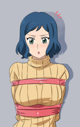 1girl arms_behind_back bdsm blue_eyes blue_hair blush bondage bound breast_bondage breasts gundam gundam_build_fighters highres iori_rinko large_breasts lipstick lost_one_zero makeup mature_female open_mouth sweater tape tape_bondage turtleneck turtleneck_sweater rating:Sensitive score:10 user:CozyDragon