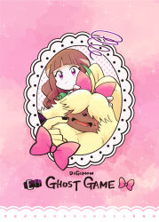  1boy 1girl angoramon body_fur bow brown_hair digimon digimon_(creature) digimon_ghost_game floppy_ears furry furry_male hair_bow highres jin_(jin3jin3) long_hair looking_at_viewer pink_background pink_bow purple_eyes rabbit_boy tsukiyono_ruli tusks yellow_fur 