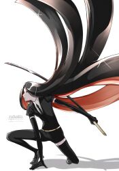  1other androgynous black_gloves black_hair black_necktie black_shirt black_shorts black_thighhighs bort closed_mouth colored_inner_hair commentary_request elbow_gloves gem_uniform_(houseki_no_kuni) glint gloves highres holding holding_sword holding_weapon houseki_no_kuni long_hair looking_ahead multicolored_hair necktie on_one_knee other_focus puffy_short_sleeves puffy_sleeves red_hair ruruhako_828 shadow shirt short_shorts short_sleeves shorts simple_background sword thighhighs two-tone_hair v-shaped_eyebrows very_long_hair weapon white_background 