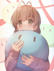  1girl :3 amayomiyu antenna_hair blush brown_eyes brown_hair clannad commentary dango_daikazoku film_grain furukawa_nagisa hands_up holding holding_stuffed_toy light_particles long_sleeves looking_at_viewer pixiv_username short_hair sleeves_past_wrists smile solo stuffed_toy sweater twitter_username upper_body |_| 