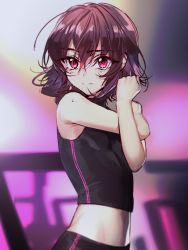  1girl absurdres arm_across_chest armpits bare_shoulders black_shirt blouse blurry breasts character_request copyright_request crop_top depth_of_field ear_piercing expressionless female_focus hair_between_eyes highres midriff navel piercing purple_hair red_eyes shirt short_hair sleeveless sleeveless_shirt small_breasts solo stretching sweat tank_top tareme upper_body wata_(attaka_towel)  rating:Sensitive score:14 user:danbooru