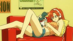  1girl animated animated_gif barefoot boyshorts glasses headphones legs long_hair lying magazine_(object) red_hair source_request tengen_toppa_gurren_lagann yoko_littner 