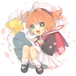 1girl 58_(scbaby) ahoge backpack bag cardcaptor_sakura chibi chibi_only child full_body green_eyes hair_bobbles hair_ornament hat kero_(cardcaptor_sakura) kinomoto_sakura mary_janes open_mouth pleated_skirt randoseru shoes sidelocks skirt socks solo white_hat white_socks