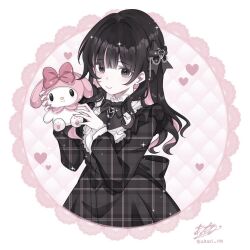  1girl akaririn14 animal_ears back_bow black_bow black_dress black_eyes black_hair bow closed_mouth colored_inner_hair dress gift_art hair_bow hair_intakes holding holding_stuffed_toy instagram_username jirai_kei long_sleeves looking_at_viewer mixed-language_commentary multicolored_hair my_melody original pink_hair plaid_clothes plaid_dress rabbit_ears sanrio signature smile solo sparkle stuffed_animal stuffed_toy two-tone_hair 