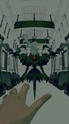  1other black_eyes blue_eyes commentary darkrai disembodied_eye floating_hair gen_4_pokemon hair_over_one_eye hand_grip highres legendary_pokemon looking_at_viewer mythical_pokemon nintendo one_eye_covered pokemon pokemon_(creature) pokemon_focus pov pov_hands standing ten_p train_interior unfinished white_hair window 