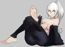1girl barefoot breasts dark_souls_(series) dark_souls_iii feet female_focus long_hair looking_at_viewer medium_breasts pale_skin ponytail scathegrapes silver_hair sitting smile soles solo toes topless_female yellow_eyes yuria_of_londor rating:Questionable score:105 user:sakuri
