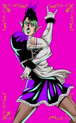  1boy apron artist_request bad_id bad_pixiv_id black_hair border crossdressing earrings elbow_gloves elf eyelashes eyeliner fur_wrist_cuffs gloves green_eyeliner green_hair green_lips hanabatake_chaika hanabatake_chaika_(1st_costume) jewelry jojo_pose killer_queen&#039;s_pose_(jojo) lace lace-trimmed_thighhighs lace_trim lipstick looking_at_viewer maid maid_apron makeup multicolored_hair nijisanji ornate_border parted_lips pink_background pointy_ears ponytail sidelocks simple_background solo thighhighs virtual_youtuber white_gloves wrist_cuffs 