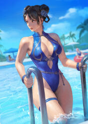  3girls bare_shoulders black_hair blue_one-piece_swimsuit blue_sky blurry blurry_background breasts capcom chain chun-li cleavage cowboy_shot depth_of_field double_bun earrings hair_bun han_juri highres innertube jewelry looking_to_the_side manon_legrand multiple_girls official_alternate_costume official_alternate_hairstyle one-piece_swimsuit outdoors parted_lips partially_submerged phamoz pool poolside short_hair sideways_glance sky solo_focus standing street_fighter street_fighter_6 swim_ring swimsuit thigh_strap 