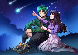  1boy 1girl :d astrid_(fire_emblem) black_hair black_pants commission commissioner_upload contemporary couple fire_emblem fire_emblem:_radiant_dawn green_jacket gzei high_heels highres jacket kneeling long_hair night night_sky nintendo non-web_source open_mouth outdoors pants pointing purple_shirt purple_skirt shirt shooting_star sitting skirt sky smile sothe_(fire_emblem) star_(sky) stargazing starry_sky vgen_commission 