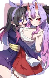  2girls ahoge alice_hoshihime artist_request black_hair chest_wrap highres horns hug indie_virtual_youtuber kamihoshi_project long_hair multiple_girls prisma_alice purple_eyes purple_hair red_eyes red_skirt skirt syd_karasukami virtual_youtuber white_background yuri 