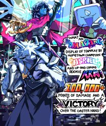 1other 2boys ^_^ animal_ears ant_tenna arm_up armor asriel_dreemurr asriel_dreemurr_(god_of_hyperdeath) blue_hair blue_robe blue_skin breastplate cape carrying closed_eyes colored_skin commentary deltarune english_commentary facial_mark furry furry_male gauntlets glint gloves goat_boy goat_ears goat_horns greaves heartbreak_juan highres holding holding_trophy horns kris_(dark_world)_(deltarune) kris_(deltarune) multiple_boys object_head open_mouth outstretched_arm pink_cape robe short_hair shoulder_carry siblings sitting sitting_on_person smile speech_bubble standing sword trophy weapon white_gloves white_hair 