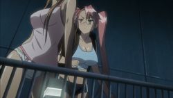 2girls animated animated_gif bouncing_breasts breasts brown_eyes brown_hair cleavage glasses hanging_breasts highschool_of_the_dead large_breasts leaning_forward long_hair miyamoto_rei multiple_girls no_bra open_mouth outdoors panties pink_hair standing takagi_saya twintails underwear rating:Questionable score:78 user:lkuroi