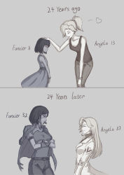  2girls age_progression aged_down alternate_hairstyle bangle before_and_after belt bracelet bracer breasts character_name child cleavage closed_eyes collarbone commentary_request cowboy_shot crossed_arms dark-skinned_female dark_skin english_text eye_of_horus facial_mark facial_tattoo facing_another grey_background hair_down hair_tubes hand_on_own_knee headpat heart height_difference highres jacket jacket_on_shoulders jewelry lab_coat leaning_forward looking_at_another medium_breasts mercy_(overwatch) monochrome multiple_girls nairobi_song open_mouth overwatch overwatch_1 pants pharah_(overwatch) ponytail shirt short_hair short_sleeves simple_background sketch small_breasts smile spoken_heart tank_top tattoo  rating:Sensitive score:32 user:danbooru