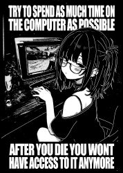  1girl absurdres at_computer blush bra_strap chair choker closed_mouth computer computer_keyboard counter-strike_(series) cross cross_earrings ear_piercing earclip earrings english_text glasses highres jewelry looking_at_viewer medium_hair monochrome mousepad_(object) one_side_up original piercing puriririririri semi-rimless_eyewear shirt short_sleeves single_bare_shoulder single_off_shoulder sitting solo  rating:General score:8 user:danbooru