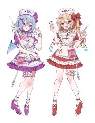  2girls :d :o alternate_costume apron bat_wings blonde_hair blood blood_bag blue_hair blush bow choker commentary_request cover dress fang flandre_scarlet frilled_thigh_strap full_body hair_bow hat heart heart-shaped_pupils heart_choker highres holding holding_stethoscope holding_syringe large_syringe looking_at_viewer medium_hair multiple_girls nurse nurse_cap one_side_up open_mouth oversized_object puffy_short_sleeves puffy_sleeves purple_dress purple_eyes red_bow red_dress red_eyes remilia_scarlet short_sleeves siblings simple_background sisters skin_fang smile socks standing stethoscope symbol-shaped_pupils syringe tamagogayu1998 thigh_strap touhou white_background white_socks wings wrist_cuffs 