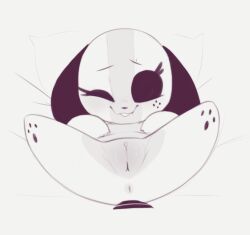  1girl :3 animal_ears animal_feet anus barefoot bed_sheet blank_eyes cleft_of_venus completely_nude dakimakura_(medium) dog_ears dog_girl dog_tail feet female_focus flat_chest freckles from_above furry furry_female grey_background greyscale hands_on_own_chest happy kekitopu legs_up looking_at_viewer lying monochrome nintendo nude on_back one_eye_closed open_mouth pawpads pillow presenting_pussy pussy raised_eyebrows short_tail shortstack sketch smile soles solo straight-on switch_dog tail uncensored wink 