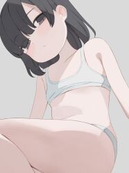  1girl black_hair bra closed_mouth eyes_visible_through_hair flat_chest grey_background highres hiroki_(yyqw7151) looking_at_viewer original panties short_hair simple_background sitting solo thighs underwear underwear_only white_bra white_panties 