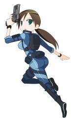  1girl ass blue_eyes blue_wetsuit bodysuit brown_hair diving_suit gun handgun holding holding_gun holding_weapon jill_valentine kakko_madoka long_hair low_ponytail ponytail resident_evil resident_evil:_revelations weapon wetsuit 