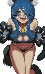  1girl :3 :d absurdres alternate_costume animal_collar animal_ear_fluff animal_ears animal_hands animal_print armpit_crease asymmetrical_bangs asymmetrical_sidelocks bare_shoulders bell belt_buckle belt_collar black_bra black_fur black_panties blue_eyes blue_hair blue_trim bra breasts buckle cat_bra cat_cutout cat_day cat_ears cat_girl cat_lingerie cat_panties cat_print claw_pose claws cleavage cleavage_cutout clothing_cutout collar colored_tips commentary cross-shaped_pupils curled_fingers drawn_whiskers elira_pendora eyebrows_hidden_by_hair fake_claws fangs frilled_bra frills from_above full_body gloves gold_buckle grin groin hair_over_one_eye hair_over_shoulder half-closed_eyes hands_up happy highres invisible_floor karassawa kneeling knees_together_feet_apart long_eyelashes long_hair long_legs long_sidelocks looking_up medium_breasts meme_attire multicolored_hair narrowed_eyes navel neck_bell nijisanji nijisanji_en open_hands open_mouth panties parted_bangs paw_gloves paw_pose paw_shoes pawpads print_panties raised_eyebrows raised_inner_eyebrows red_collar sidelocks simple_background smile solo sparkling_eyes straight-on strapless strapless_bra streaked_hair symbol-shaped_pupils teeth thick_eyelashes thighs toe_claws two-tone_hair underwear virtual_youtuber white_background white_hair white_tree 