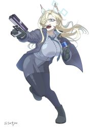  1girl animal_ear_fluff animal_ears blonde_hair blue_archive blue_eyes blue_halo blush breasts dog_ears dog_girl extra_ears glock gun hair_over_one_eye halo handgun highres holding holding_gun holding_weapon jacket kanna_(blue_archive) large_breasts long_hair long_sleeves megumiyasisotyo sharp_teeth solo teeth weapon 