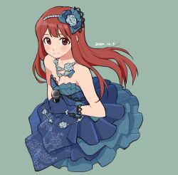  1girl bare_shoulders blue_bow blue_dress blue_eyes blush bow brown_eyes brown_hair closed_mouth dated dress floating_hair flower green_background hair_bow hair_flower hair_ornament highres holding holding_microphone idolmaster idolmaster_million_live! idolmaster_million_live!_theater_days layered_dress long_hair looking_at_viewer microphone neck simple_background smile solo strapless strapless_dress tanaka_kotoha tarako_oniyon 