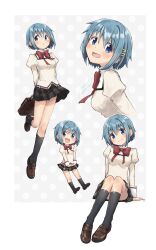  1girl :d arms_behind_back asukaru_(magika_ru) bag black_skirt black_socks blue_hair blue_skirt blush border bow bowtie brown_shoes closed_mouth commentary_request dated full_body grey_background hair_ornament hairclip highres holding holding_bag juliet_sleeves kneehighs loafers long_sleeves looking_at_viewer mahou_shoujo_madoka_magica mahou_shoujo_madoka_magica_(anime) miki_sayaka mitakihara_school_uniform multiple_views open_mouth outside_border plaid_clothes plaid_skirt pleated_skirt polka_dot polka_dot_background puffy_sleeves red_bow red_bowtie school_bag school_uniform shirt shoes short_hair signature sitting skirt smile socks white_border yellow_shirt 