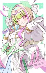  1girl absurdres blonde_hair blush bracelet bubble_skirt cure_zukyuun dress earrings elbow_gloves finger_gun fortissimo frilled_ribbon frills gingham_dress gloves gradient_hair green_background green_hair hair_extensions hair_ornament hair_wings heart-shaped_lock highres hiiragi_syuu holding holding_lightstick holding_stick holding_weapon idol jewelry kimi_to_idol_precure looking_at_viewer multicolored_hair musical_note musical_note_hair_ornament one_eye_closed open_mouth pearl_earrings pink_lips precure puffy_sleeves purirun_(civilian)_(precure) purirun_(precure) reaching reaching_towards_viewer ribbon skirt smile solo solo_focus stick twitter_username upper_body watermark weapon white_dress white_gloves wing_hair_ornament wrist_cuffs 