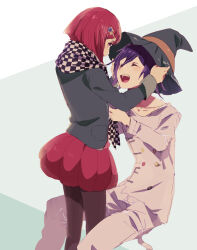  1boy 1girl adjusting_another&#039;s_clothes between_legs black_jacket black_pantyhose blush buttons checkered_clothes checkered_scarf closed_eyes collarbone collared_jacket commentary_request cosplay costume_switch danganronpa_(series) danganronpa_v3:_killing_harmony flipped_hair from_side gem_hair_ornament hair_between_eyes happy hat hat_belt headwear_switch highres jacket long_sleeves multicolored_buttons nagichiro oma_kokichi open_mouth pants pantyhose partial_commentary purple_hair red_hair red_skirt scarf shirt short_hair simple_background sitting skirt smile standing thigh_strap two-tone_scarf witch_hat yumeno_himiko 