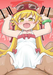  1girl 3boys aviator_cap blonde_hair double_v erection hetero loli long_hair monogatari_(series) multiple_boys open_mouth oshino_shinobu penis precum precum_bubble sex stomach_bulge takemitsu_tenta v 