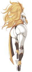  1girl 2023 ass ass_focus big_hair black_panties blonde_hair dawnbreaker_(dota) doll_joints dota_(series) dota_2 facing_away from_behind full_body highres huge_ass joints long_hair mature_female on_stairs panties platform_heels ponytail popisya self-upload simple_background solo standing thighs underwear wavy_hair white_background wide_hips 