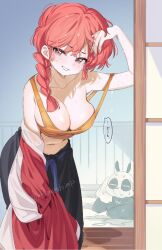  1girl animal black_pants braid braided_ponytail breasts cleavage collarbone commentary_request doorway grey_eyes grin hand_in_own_hair hand_up highres large_breasts leaning_forward long_hair looking_at_viewer navel open_door panda pants pov_doorway ranma-chan ranma_1/2 red_hair revision saotome_genma shuri_(84k) single_braid smile speech_bubble stomach strap_slip teeth translated twitter_username water wet 