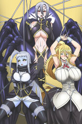 3girls absurdres arthropod_girl blonde_hair blue_eyes breasts centorea_shianus highres horse_girl insect_girl lala_(monster_musume) large_breasts long_hair madcatstudios midriff monster_musume_no_iru_nichijou multiple_girls navel purple_hair rachnera_arachnera red_hair spider_girl underboob