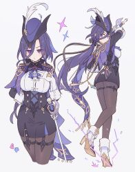  1girl absolution_(genshin_impact) absurdres ascot black_corset black_ribbon black_skirt breasts capelet clorinde_(genshin_impact) commentary corset cropped_legs electricity framed_breasts full_body genshin_impact gloves hair_between_eyes hair_ribbon hat hat_feather high_heels highres holding holding_sword holding_weapon long_hair looking_at_viewer looking_back origami_gyokuo pantyhose ponytail purple_ascot purple_capelet purple_eyes purple_hair purple_hat ribbon shirt simple_background skirt sword thigh_strap tricorne vision_(genshin_impact) weapon white_gloves white_shirt 